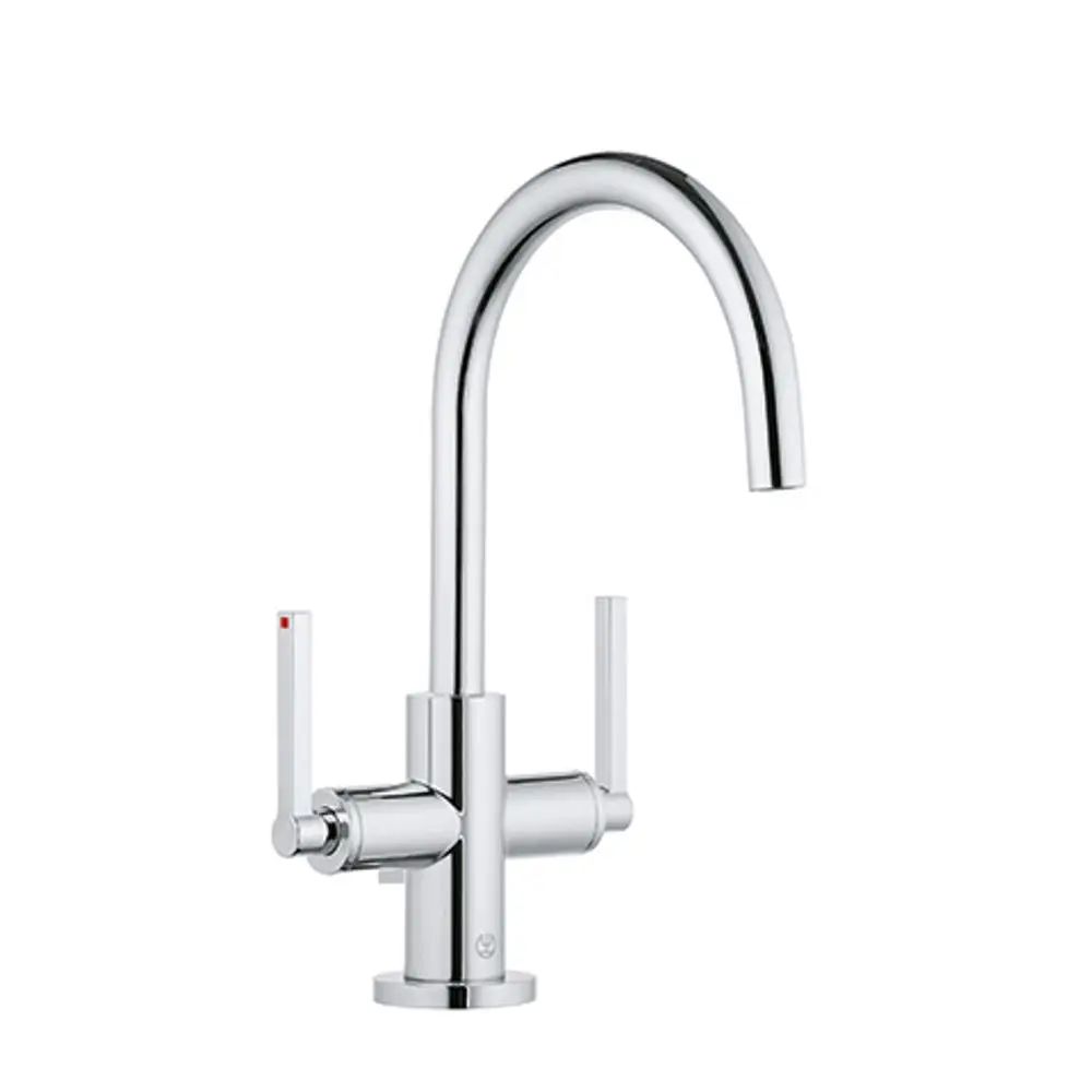 Waschtischarmatur von Kludi mit einer hohen, gebogenen Ausführung und zwei Hebeln für die Wasserregelung. Oberfläche in Chromoptik. Einlochmontage.